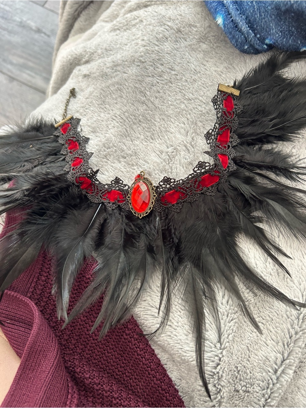 4/$50 Black Feather & Red Gem Lace Choker Necklace